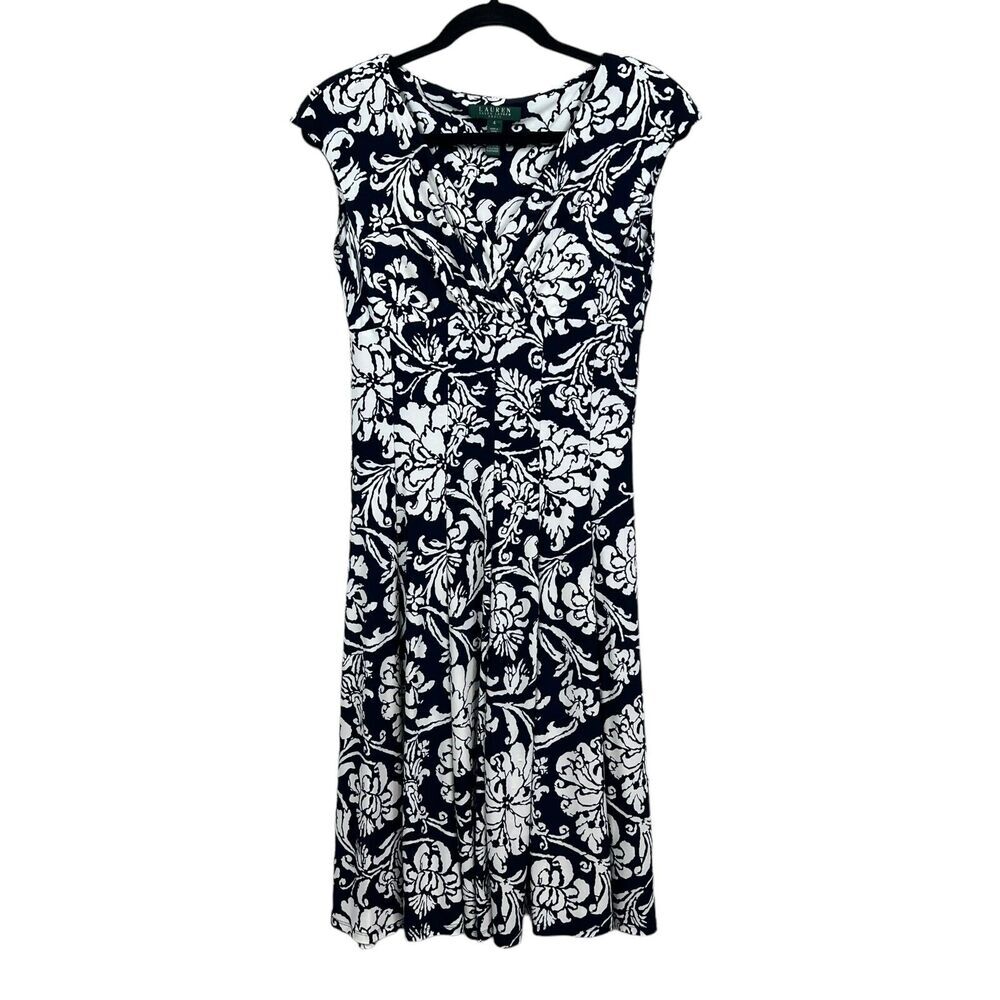Lauren Ralph Lauren Women Dress Floral Fit & Flare Ruched VNeck Cap Sleeves Sz 4 - Picture 1 of 5